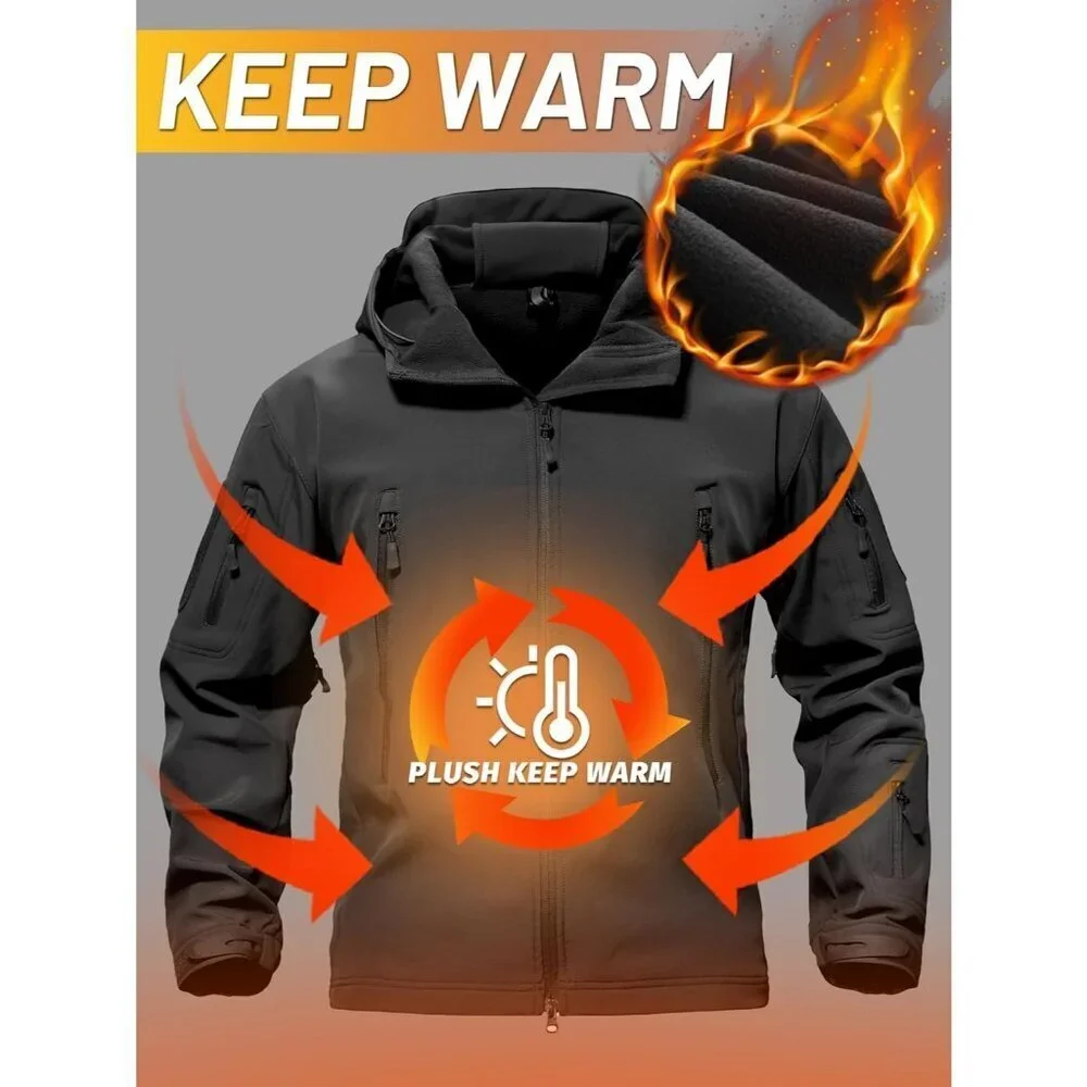 Men's Black Tactical Soft Shell Winter Jacket with Fleece Lining & Hood